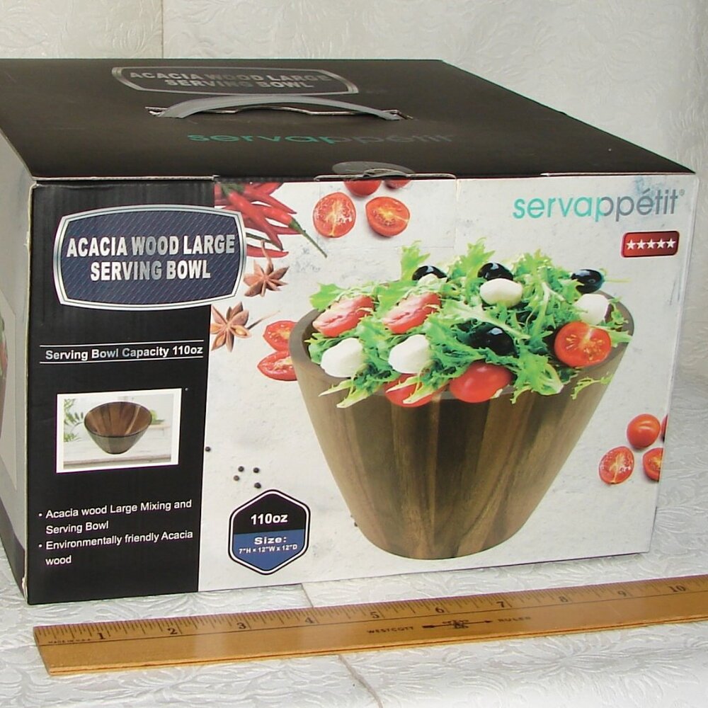 NEW Acacia Wood Large Serving Bowl by Servappetit, Salad Chips Fruit NIB